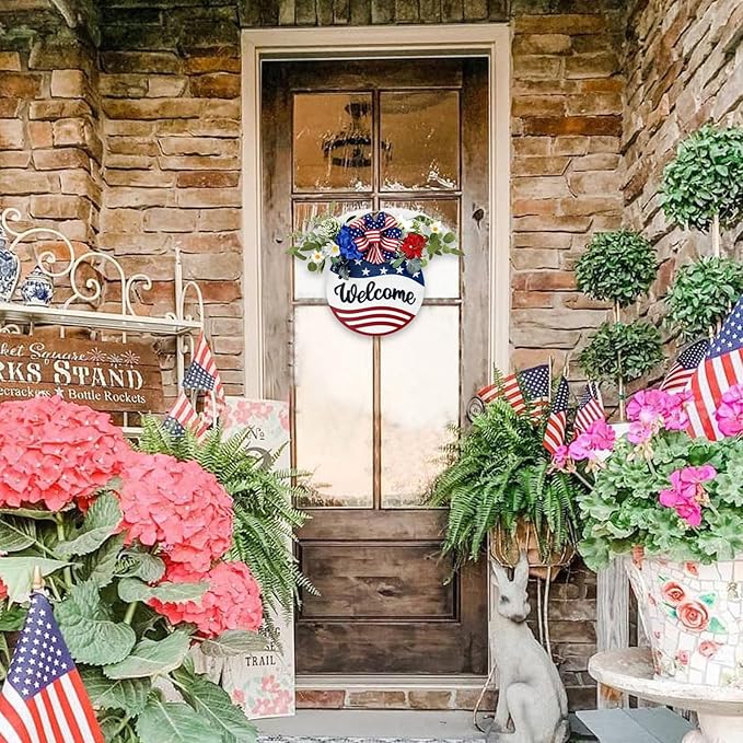 Idyllic Welcome Sign Wreath 4th of July Patriotic Sign for Front Door, 16" Red White and Blue Flower Wooden Sign Wreath for Memorial Day Independence Day Decoration