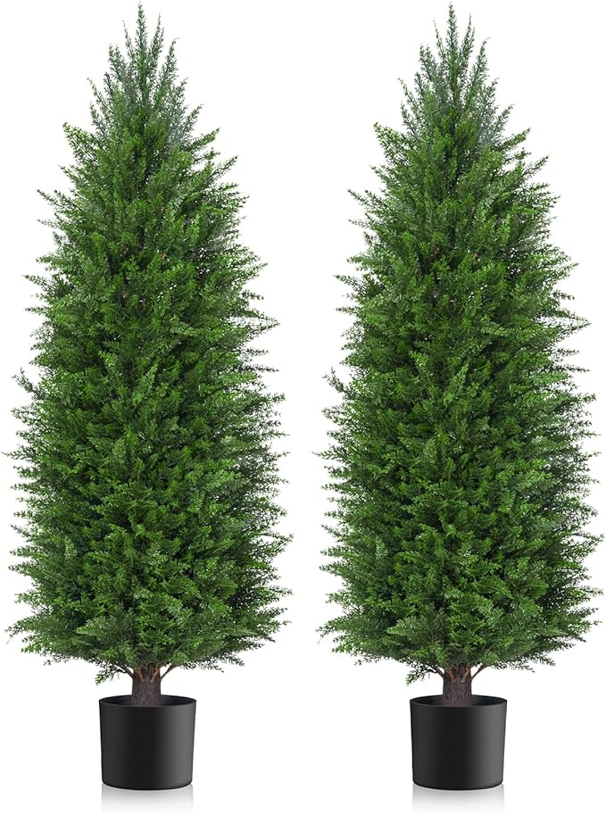 3FT Artificial Topiary Cedar Plants Outdoor, Faux Pine Trees UV Resistant and Potted, 36 Inch Tall Fake Shrubs Evergreen for Front Porch Decor Set of 2
