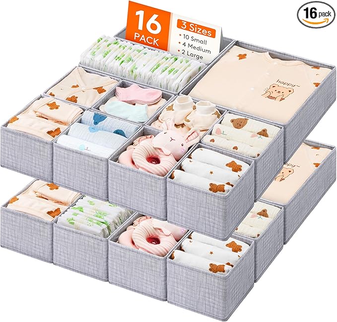 Lifewit Nursery Drawer Organizer for Clothes 16 Pack, Certified Child-safe Dresser Drawer Divider Storage Bins, Foldable Clothing Storage Basket for Baby Clothes/Underwear/Sock/Diaper in Closet