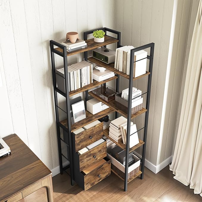 YATINEY Corner Bookshelf, 7 Tier L-Shaped Bookcase with 3 Drawers, Storage Corner Shelf, Freestanding Tall Display Shelf, Industrial Style, for Living Room, Home Office, Rustic Brown and Black SJ10BR