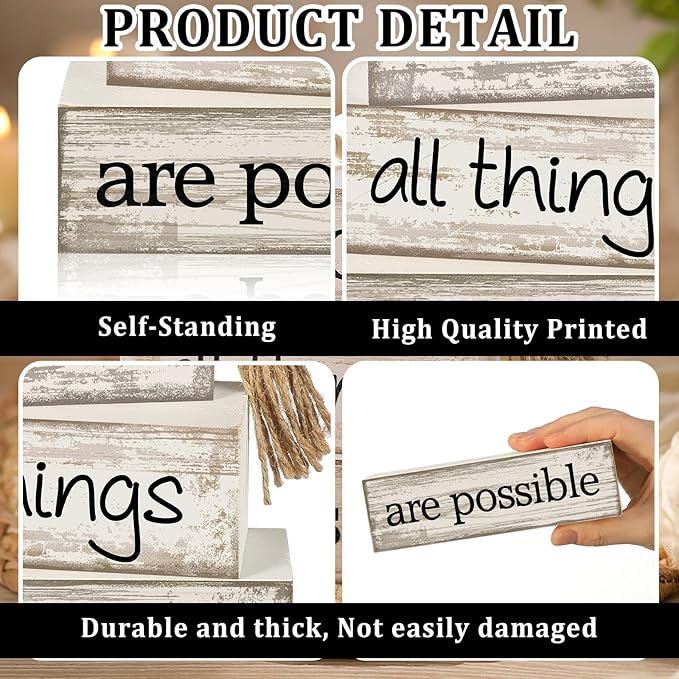Yuntau 4 Pcs Farmhouse Wooden Tabletop Decor Farmhouse Tiered Tray Decor Rustic Retro Wood Bead Garland with God All Things are Possible Block Sign Neutral Centerpiece Sign for Home Shelf Mantle