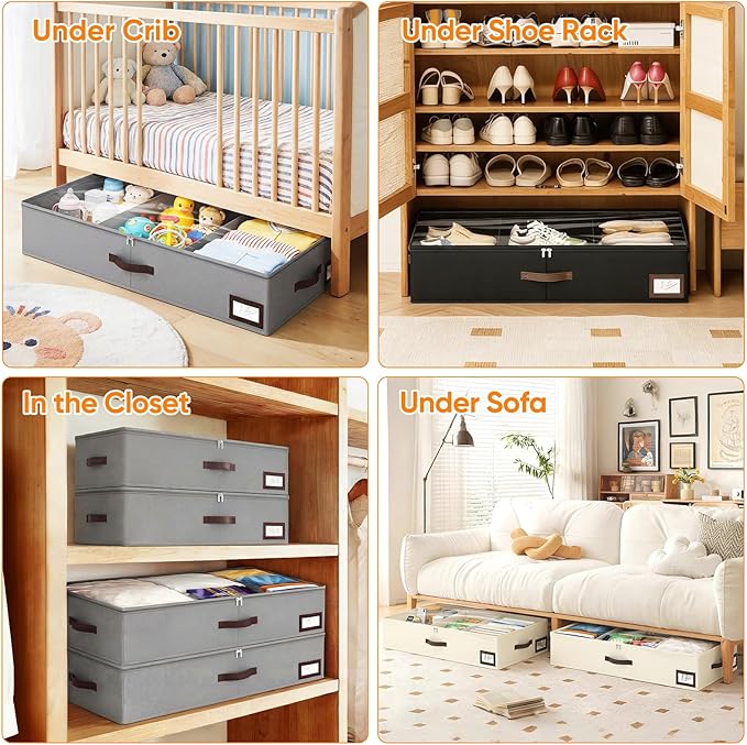 OIAHOMY 2 Pack Under Bed Storage, 6 Inch High Under Bed Storage Containers with Adjustable Dividers, Dual Zippers, &Clear Lid, 38L Under Bed Drawers For Clothes, Blankets, Clothing, & Shoes, Black