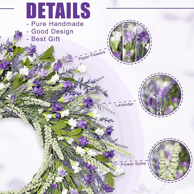 Artgar 26 Inch Spring Wreaths for Front Door, Spring Summer Lavender Paper Flower Wreaths for Home Farmhouse Windows Walls Porch Wedding Indoor Outdoor Decor for All Seasons (Purple)
