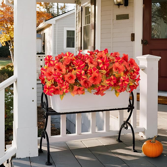 8 Bundles Fake Fall Flowers Artificial Plants for Outdoor Decorations, Faux Fall Petunias Flowers for Outside UV Resistant Realistic Planters for Garden Porch Patio Indoor Autumn Decor(Orange Red)