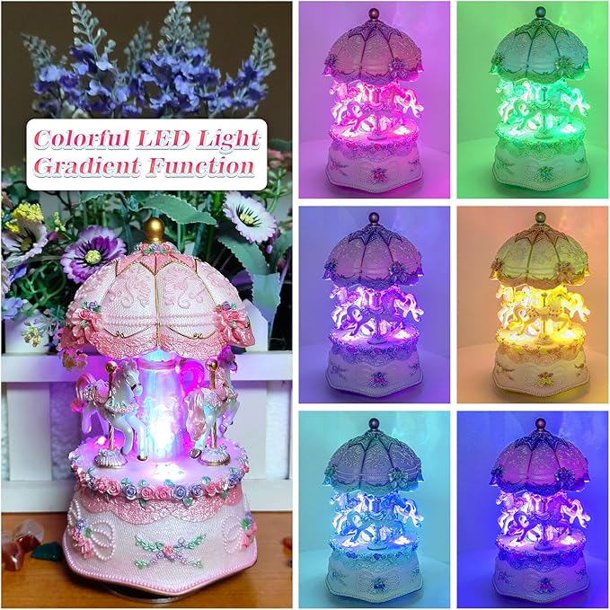 Carousel Music Box，Luxury Color Change LED Light Music Box,Luminous Rotating 3-Horse Musical Box with Gift Box for Girls Birthday Valentine Gift (Castle in The Sky, Pink)