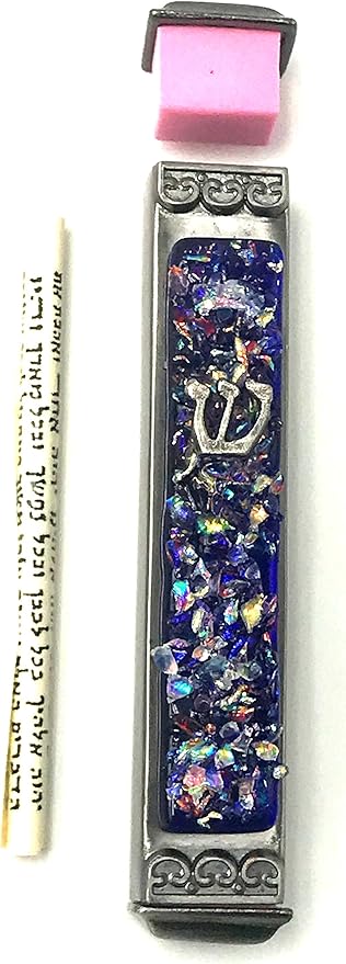 Sparkling Art Glass Mezuzah - 3.5 Inch - Easy Mount - Weatherproof Metal Case - Gift Box and Non-Kosher Scroll Included - Hand Made in USA by Tamara Baskin Art Glass (Blue)