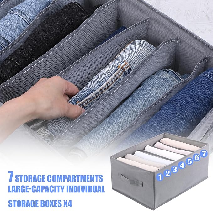 4 PCS Jean Organizer for Closet, 7 Grids Foldable Wardrobe Clothes Organizer, Stackable Fabric Closet Organizers and Storage for T Shirt Jean Sweater Shirt Pants