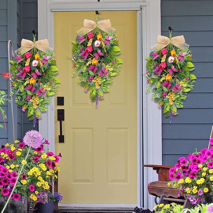 2 PCS 24'' Spring Swags for Front Door Artificial Tulip Teardrop Swags Lavender Butterfly Eucalyptus Swags Wreath Spring Summer Floral Hanging Swags for Farmhouse Wedding Cabinet Home Outdoor Decor