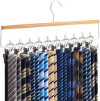 Tie Rack Hanger for Closet Upgraded 2-in-1 Tie and Belt Hanger Non Slip Tie Rack with 20 Hooks Tie Hanger Space Saving Wooden Belt Tie Organizer for Tank Tops Bras Cami Scarves, Wooden