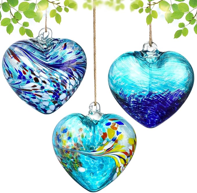 Set of 3 Handmade Glass Heart Ornaments 3.9 Inch Blue Friendship Heart Decor for Garden Home Centerpiece Gifts for Women