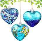 Set of 3 Handmade Glass Heart Ornaments 3.9 Inch Blue Friendship Heart Decor for Garden Home Centerpiece Gifts for Women