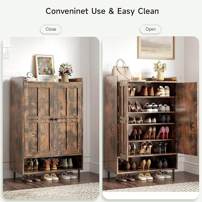 ONBRILL Shoe Storage Cabinet with Cross Molding Doors, 6-Tier Shoe Cabinet with 3 Adjustable Shelves and Metal Legs, 45 Inch Tall Shoes Rack Organizer Cabinet for Entryway, Front Door, Rustic Brown