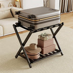 2 Pack Fully Assembled Black Luggage Racks, Bamboo 26.77" Folding Suitcase Stand for Guest Room with 5 Nylon Straps, Heavy Duty, Upgraded Luggage Rack Holder with Shelf for Bedroom Hotel