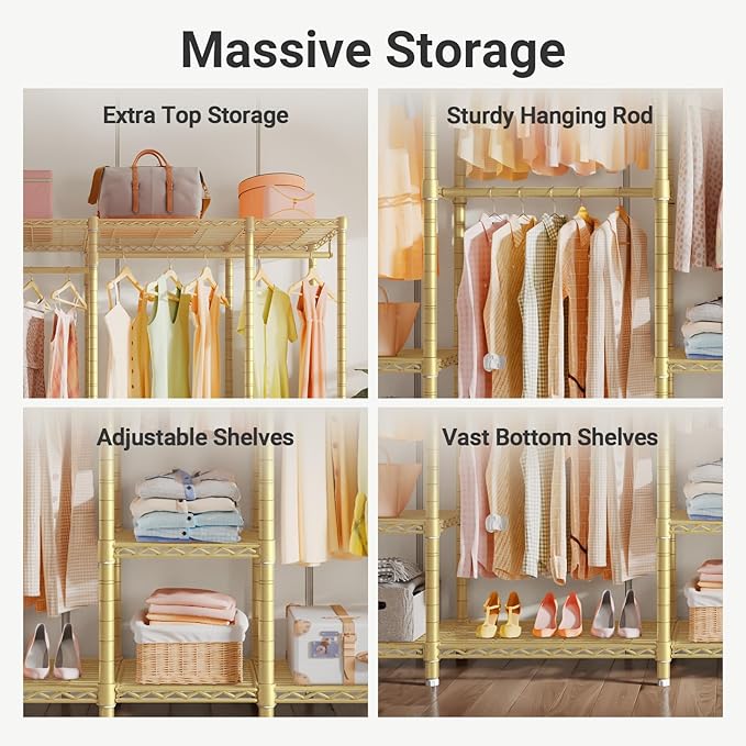 VIPEK V50 Extra Large Portable Closet Rack Bedroom Armoire Freestanding Wardrobe Closet, Heavy Duty Clothes Rack Multi-Functional Metal Clothing Rack for Hanging Clothes, Max Load 1300lbs, Gold