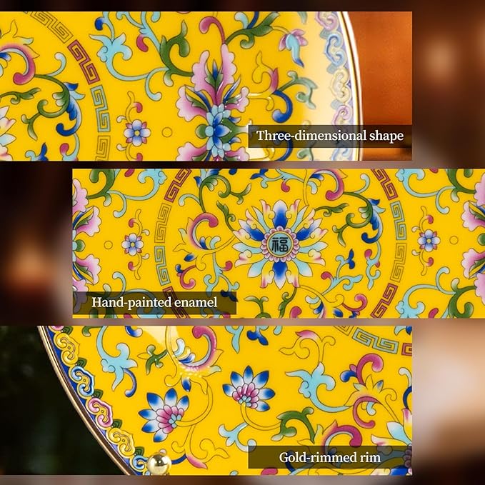 Decorative Plates Set for Display, Yellow Ceramic Plate Decor with Stand, Handmade Vintage Porcelain Ornament for Table, Living Room, Kitchen, Office, Perfect Chinese Style Dish Gift (8in+10in)
