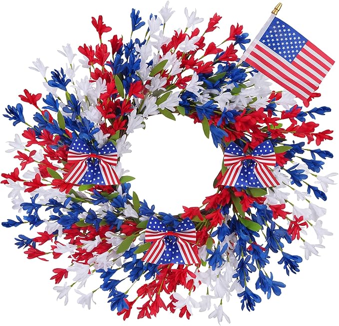 GTIDEA 24'' Patriotic Wreaths for Front Door, American 4th of July Wreath on Grapevine with Red White and Blue Forsythia Flag Bowknot Summer Wreaths for Home Wall Memorial Day Independence Day Decor
