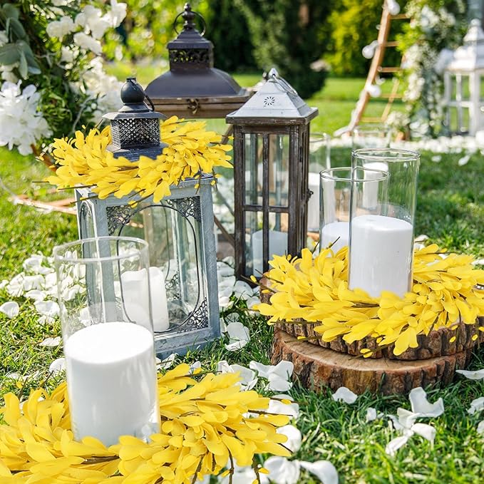6 PCS 9'' Mini Spring Forsythia Wreath for Front Door Small Artificial Forsythia Farmhouse Kitchen Cabinet Wreaths with Burlap Ribbon Hanging Spring Summer Floral Wreaths for Porch Wall Window Decor