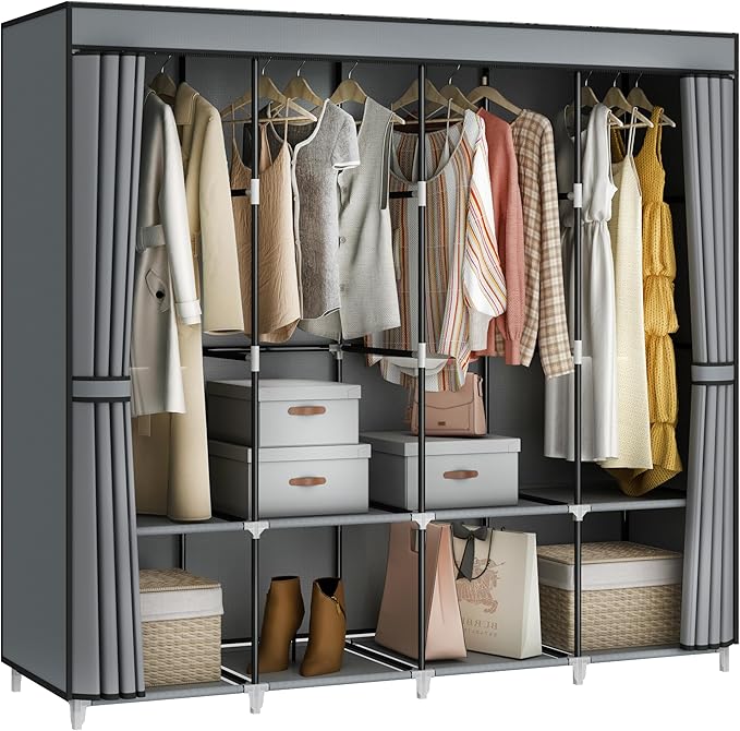 Portable Closet Wardrobe, 67-Inch Clothes Organizer with 4 Hanging Rods and 8 Shelves, Non-Woven Fabric Cover, Large Capacity Storage for Bedroom and Living Room, Grey