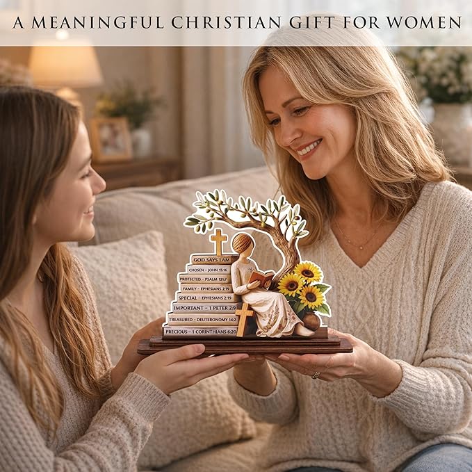 KATINAT Christian Gifts for Women, Bible Verse Desk Decor, God Says I Am Decorative Sign, Inspirational Religious Tabletop Plaque for Office Desk, Home, Prayer Room, Mother’s Day for Her