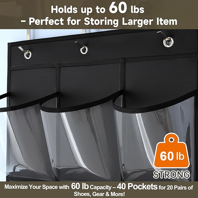 Over the Door Shoe Organizer with 40 Clear PVC Pockets – Waterproof Hanging Shoe Holder for Closet & Bathroom – Space-Saving Door Shoe Rack for Shoes, Toys, Toiletries & Snacks(Black)