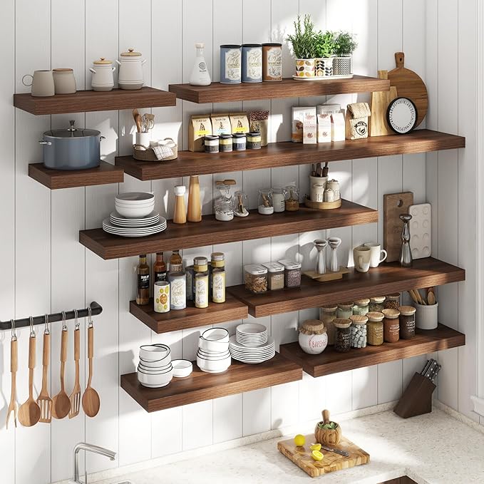 72 Inch Long Floating Shelves for Wall Set of 2, 12"D Wood Grain Bathroom Shelves with Invisible Brackets, Easy Install Engineered Wood Storage Shelves for Kitchen, Living Room, Bedroom, Walnut Finish