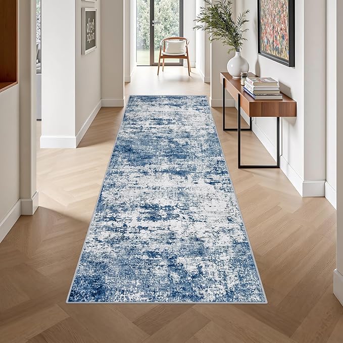 Washable Area Rug 3x10 Entryway Rug: Washable Modern Abstract Soft Thin Rug Indoor Floor No Slip Stain Resistant Carpet for Bedroom Dining Room Farmhouse Nursery Home Office - Blue