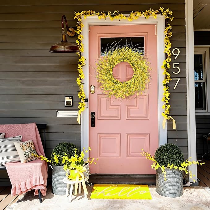 GTIDEA 26 Inch Spring Wreaths for Front Door Large Spring Door Wreath Wild Floral Summer Forsythia Flower Wreaths Outside All Season for Farmhouse Porch Wedding Living Room Home Easter Decor (Yellow)