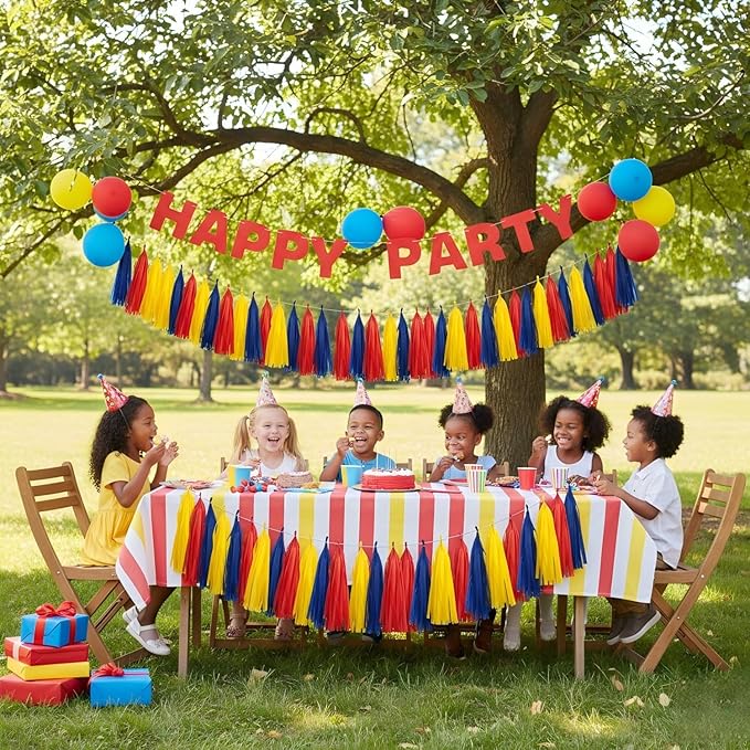 15Pcs Red Blue and Yellow Paper Tassel Garland,Tissue Tassel Banner for Carnival Theme Birthday Party Decorations