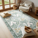 Botanical Floral Area Rug 4x6 Light Green Cream Vintage Garden Design, Perfect for Living Room, Bedroom, Kids Room, Nursery - Stain & Water Resistant Non-Slip, Pet & Child Friendly Area Rugs