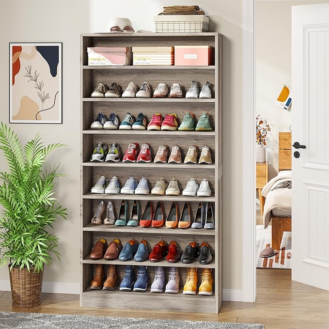 Tribesigns 2PCS Shoe Cabinet, 9 Tiers 40-45 Pairs Heavy Duty Wood Freestanding Shoe Storage Cabinet, 70.8'' Tall Shoe Cabinet with Open Storage for Entryway (Beige Gray)
