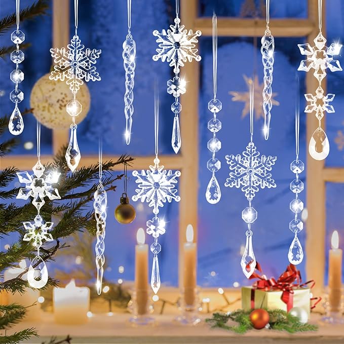 20pcs Christmas Ornaments Christmas Tree Decorations Hanging Acrylic Snowflake Icicle Crystal Ornaments with Drop Pendarts for Christmas Decorations Indoor Xmas Tree Winter New Year Party Supplies