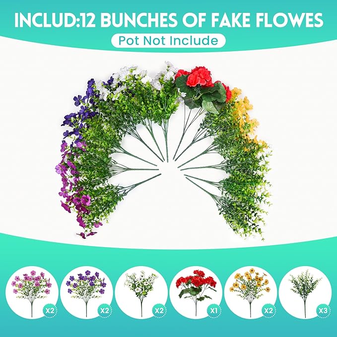 Fake Artificial Silk Flowers for Outdoors with Realistic UV Resistant, Faux Plants for Outside Indoor, Home Patio Garden Back Yard Front Poch Decor Spring Summer(12 Bunches)