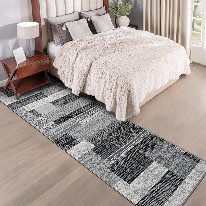 FlyDOIT Modern Geometric Patchwork Area Rug, 2.7x8 Grey Runner Rugs for Living Room, Rockwood Collection Indoor Rugs for Bedroom, Throw Carpet Floor Decor for Entryway Dining Room Office Nursery
