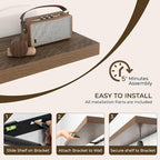 RICHFOCUS 55Inch Floating Shelves for Wall 2 Pack Shelves for Bedroom|Kitchen|Bathroom Wall Mounted Rustic Wood Floating Shelf with Invisible Brackets for Books|Storage|Decor, Walnut