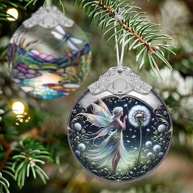 Stained Glass Dandelion Fairy Christmas Ornament - Holiday Home Decor - Tree Decoration - Gift Exchange Present Ideas