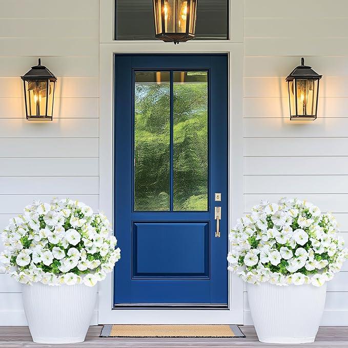 MARTINE MALL 12 Bundles Look Real Artificial Flowers for Outdoors, Realistic Fake Outdoor Flowers, UV Resistant Silk Petunia Flowers for Outside Faux Flowers Plants for Outdoor Porch, White