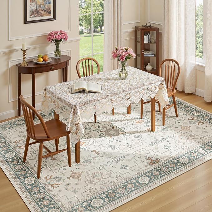 Lessymo Area Rugs for Living Room, Soft Non Slip 5x7 Washable Rug for Bedroom Dinning Nursery Room Office, Kids & Pets Friendly, Stain Resistance Vintage Floral Tribal Decor, Cream Green