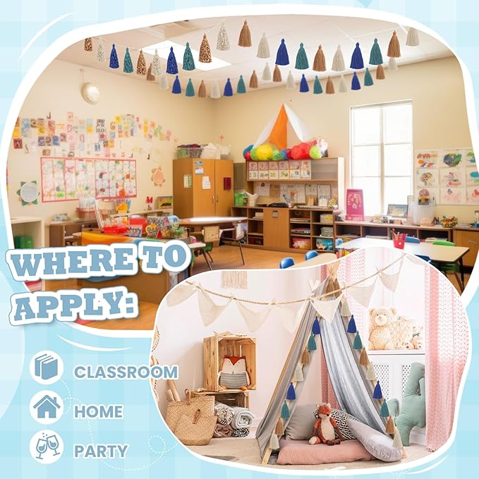 WILLBOND 4 Pieces Valentine's Day Tassel Garland for Classroom Wall Decor Boho Pastel Garland Cotton Tassel Banners for Party School(3.1 Inch,Brown, Beige, Dark Green, Gray-Blue)