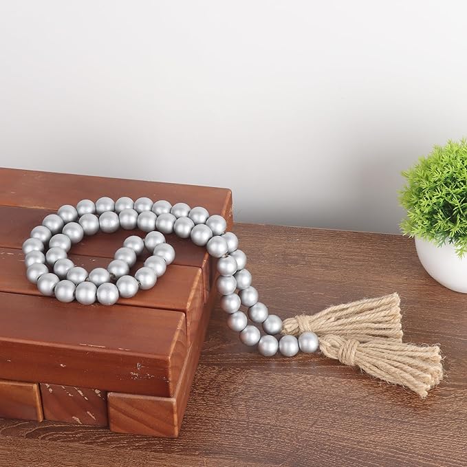 Meplait 39in Wood Bead Garland Farmhouse with Tassels,Versatile Prayer Beads Boho Chic Wall Hanging Home Decor(Silver)