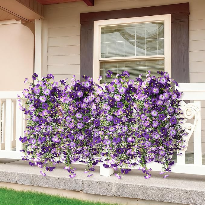 Artificial Fake Hanging Flowers Plants for Outdoor Spring Decoration,2 PCS Faux Silk Morning Glory with Eucalyptus Leaves,UV Resistant Realistic Trailing Vines for Balcony Porch Patio Yard Garden