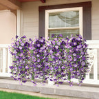 Artificial Fake Hanging Flowers Plants for Outdoor Spring Decoration,2 PCS Faux Silk Morning Glory with Eucalyptus Leaves,UV Resistant Realistic Trailing Vines for Balcony Porch Patio Yard Garden