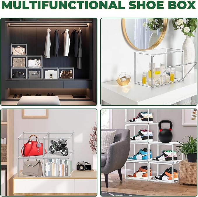 10 Pack Acrylic X-Large Sneaker Shoe Storage Display Case Shoe Boxes Clear Plastic Stackable Bins Boot Handbag Organizer Shoe Cabinet with Magnetic Lids,Size 14