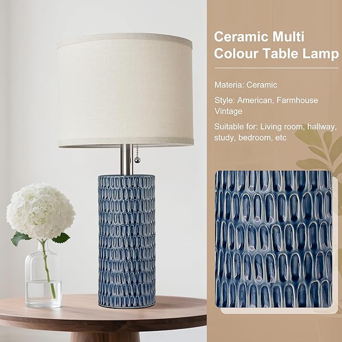 Reaketon 20.5" Modern Ceramic Table Lamps for Bedroom Set of 2, Bedside Lamps for Night Stands with Beige Lampshade, Farmhouse Table Lamp for Living Room Office Dorm, Blue