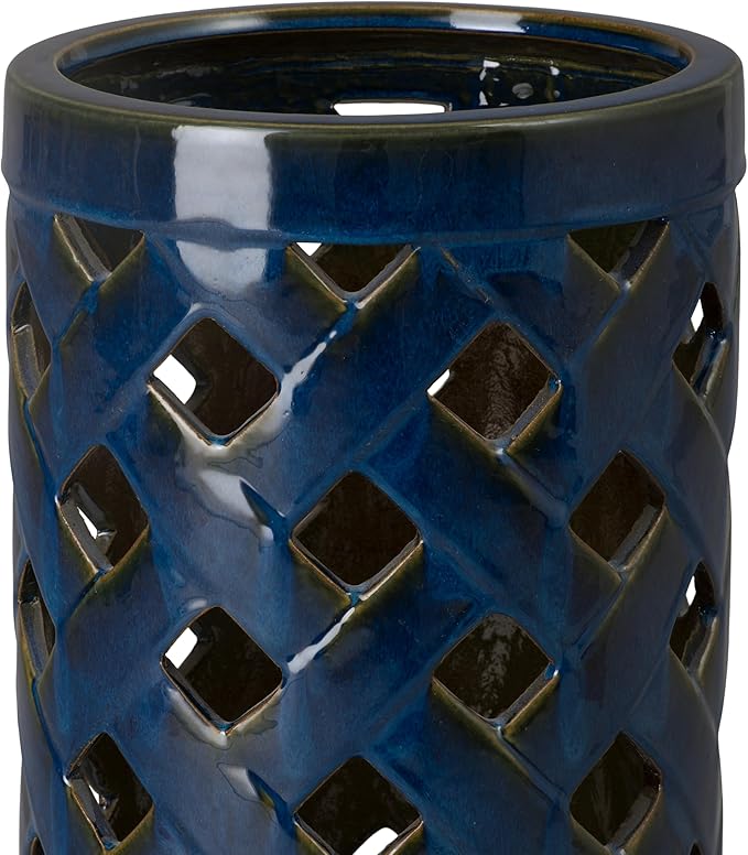Emissary Home and Garden Criss Cross 23.5 in. H Round Ceramic Umbrella Stand in Blue with High-fire Treatment