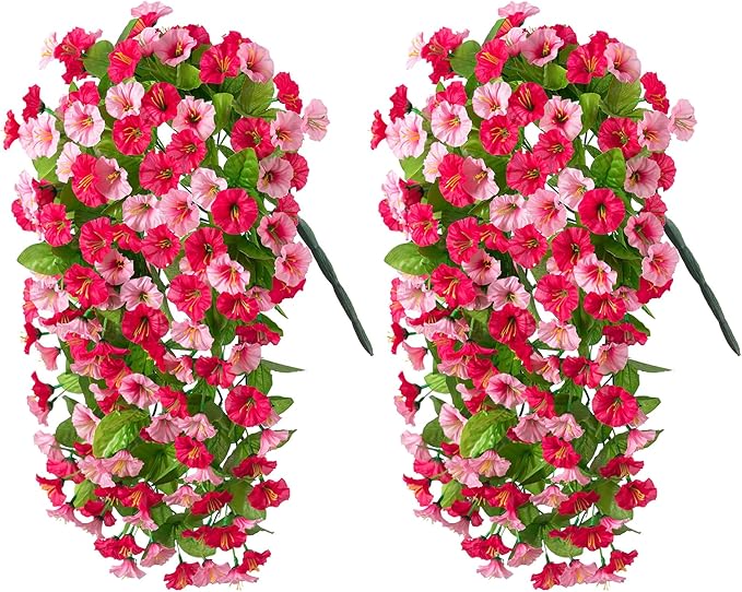 Artificial Fake Hanging Flowers Plants for Outdoor Decoration, 2PCS Faux Silk Morning Glory Long Vines Stems UV Resistant Look Real for Spring Summer Outside Home Porch Patio, Red Pink