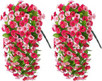 Artificial Fake Hanging Flowers Plants for Outdoor Decoration, 2PCS Faux Silk Morning Glory Long Vines Stems UV Resistant Look Real for Spring Summer Outside Home Porch Patio, Red Pink