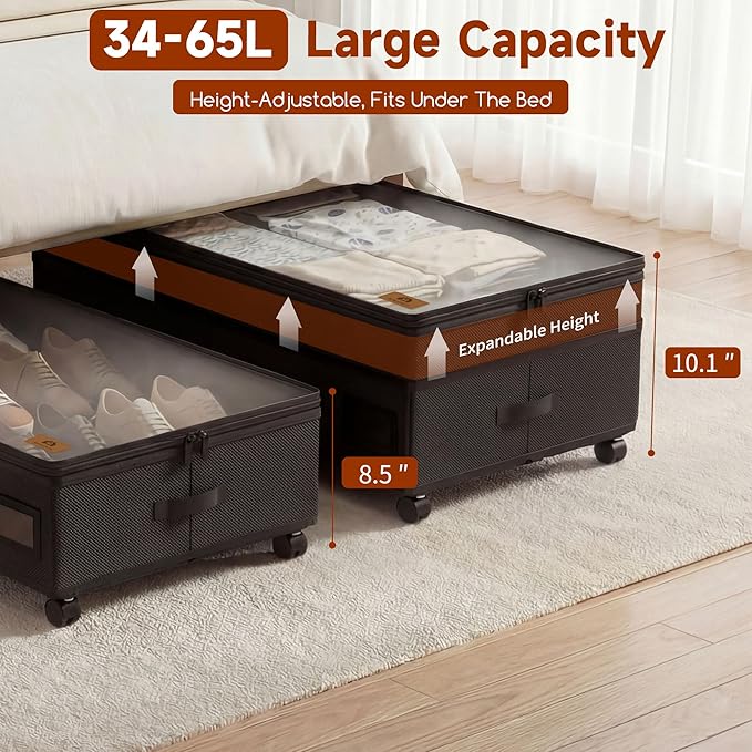 Under Bed Storage with Wheels, Adjustable Height Underbed Storage Containers, 2 Pack 65L Bins, Heavy-Duty 600D Fabric & Steel Frame for Clothes, Shoes, Bedding