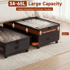 Under Bed Storage with Wheels, Adjustable Height Underbed Storage Containers, 2 Pack 65L Bins, Heavy-Duty 600D Fabric & Steel Frame for Clothes, Shoes, Bedding