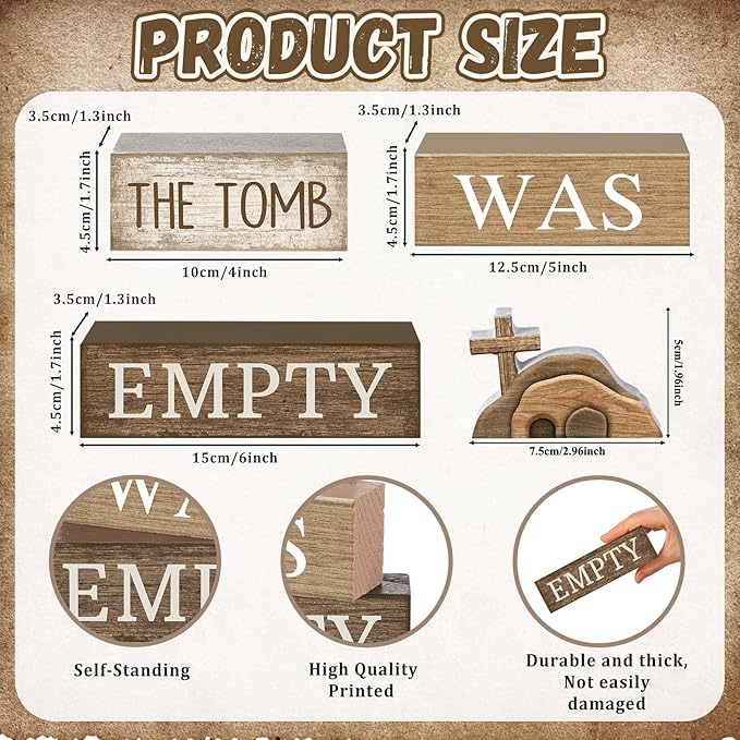 Lineshading 4 Pcs Easter Table Decorations Empty Tomb Wooden Block Sign Resurrection Scene Christian Decor with Cross, Vintage Religious Centerpieces for Easter, Home, Church, Faith Gift for Believers
