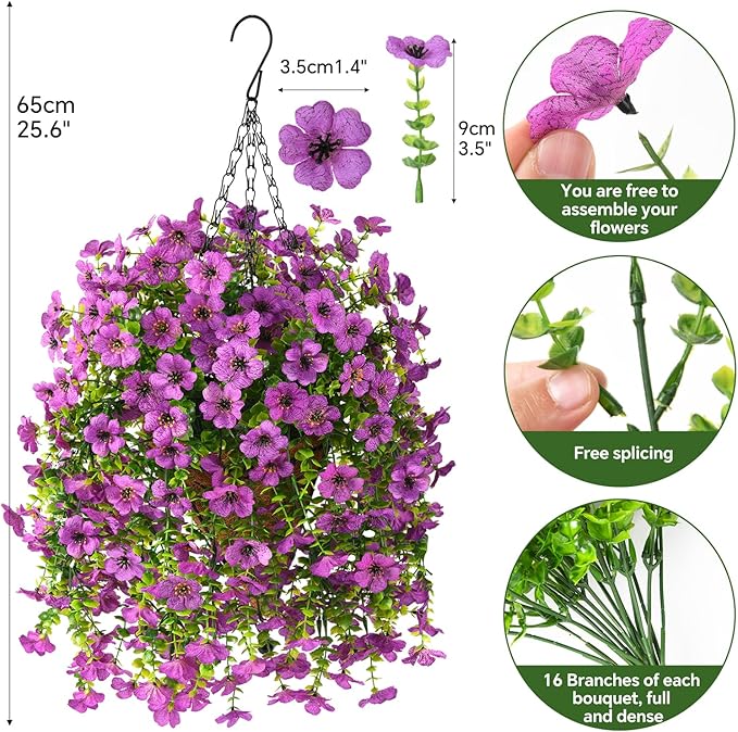 INQCMY Artificial Hanging Flowers with Basket for Spring Outdoor Decoration 3 Bunches of Silk Daisy Flower Uv Resistant for Garden Porch Patio Balcony Yard Decor (Purple2)